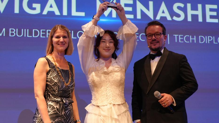 Avigail Menashe receiving Swarovski Rising Star Award at World Venture Forum 2026 Gala Dinner